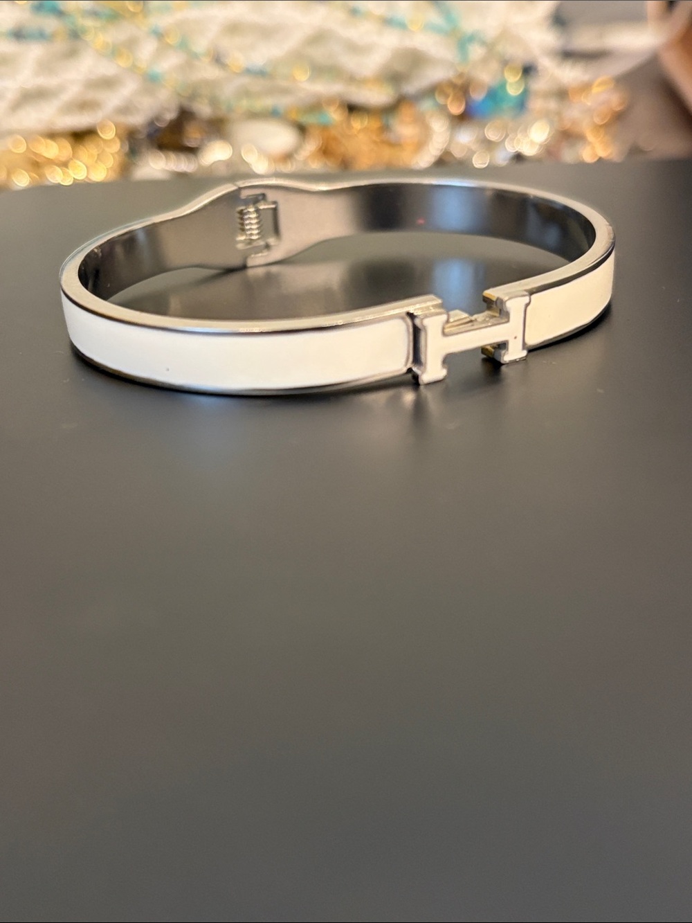 Stainless steel White Enamel 'H' Cuff Bracelet - Women's Accessory